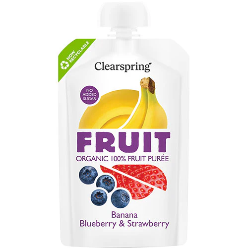 Clearspring Frugtpuré Økologisk 100 g | Banan Blåbær & Jordbær