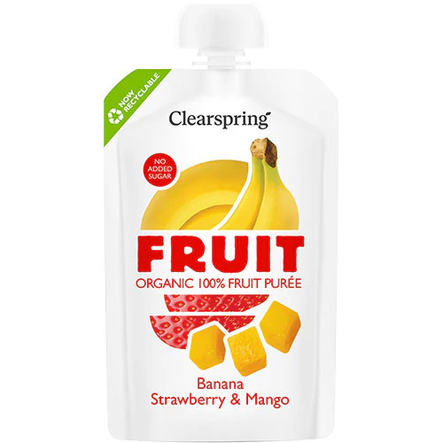 Clearspring Frugtpuré Økologisk 100 g | Banan Jordbær & Mango