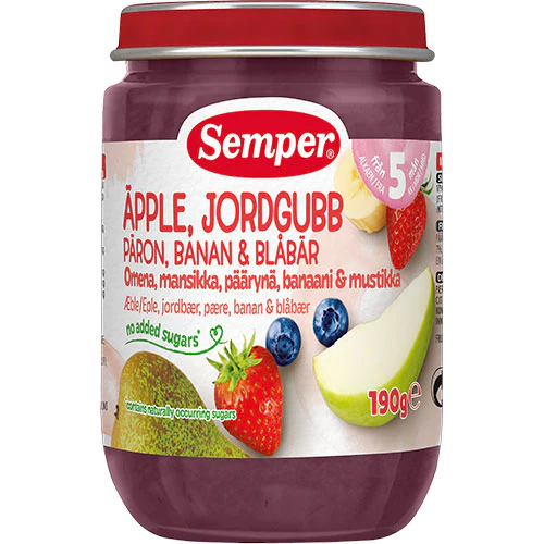 Semper Frugtpure m jordbær, æble, pære, banan & blåbær 5 mdr | 190 g