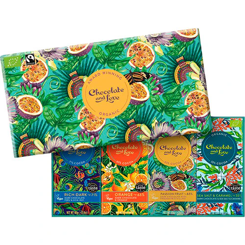 Chocolate and Love Gaveæske Økologisk Rich Dark, Orange, Passionfrugt og Sea Salt | 325 g