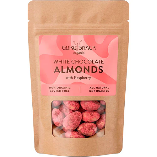 Guru Snack Mandler m. hvid chokolade & hindbær Økologisk | 100 g