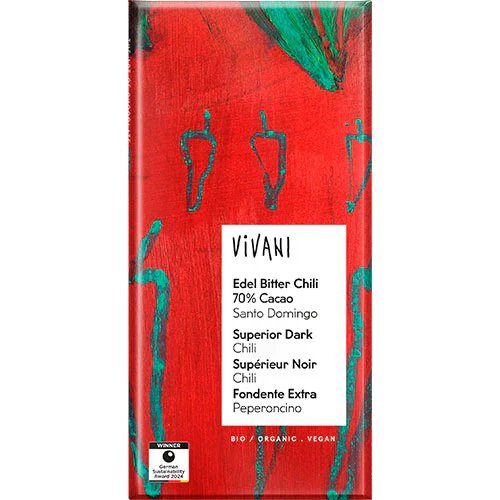 Vivani gand Cru mørk chokolade med chili 70% Økologisk | 80 g