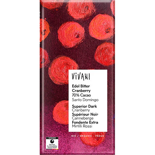 Vivani mørk chokolade med tranebærstykker 70% Økologisk | 80 g